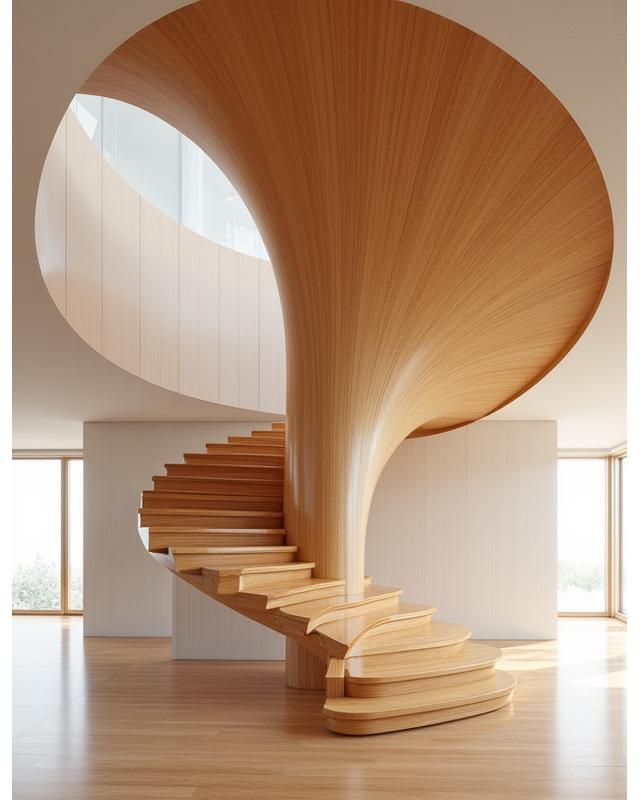 Indrukwekkende houten spiraaltrap als sculpturaal element in een open hal.